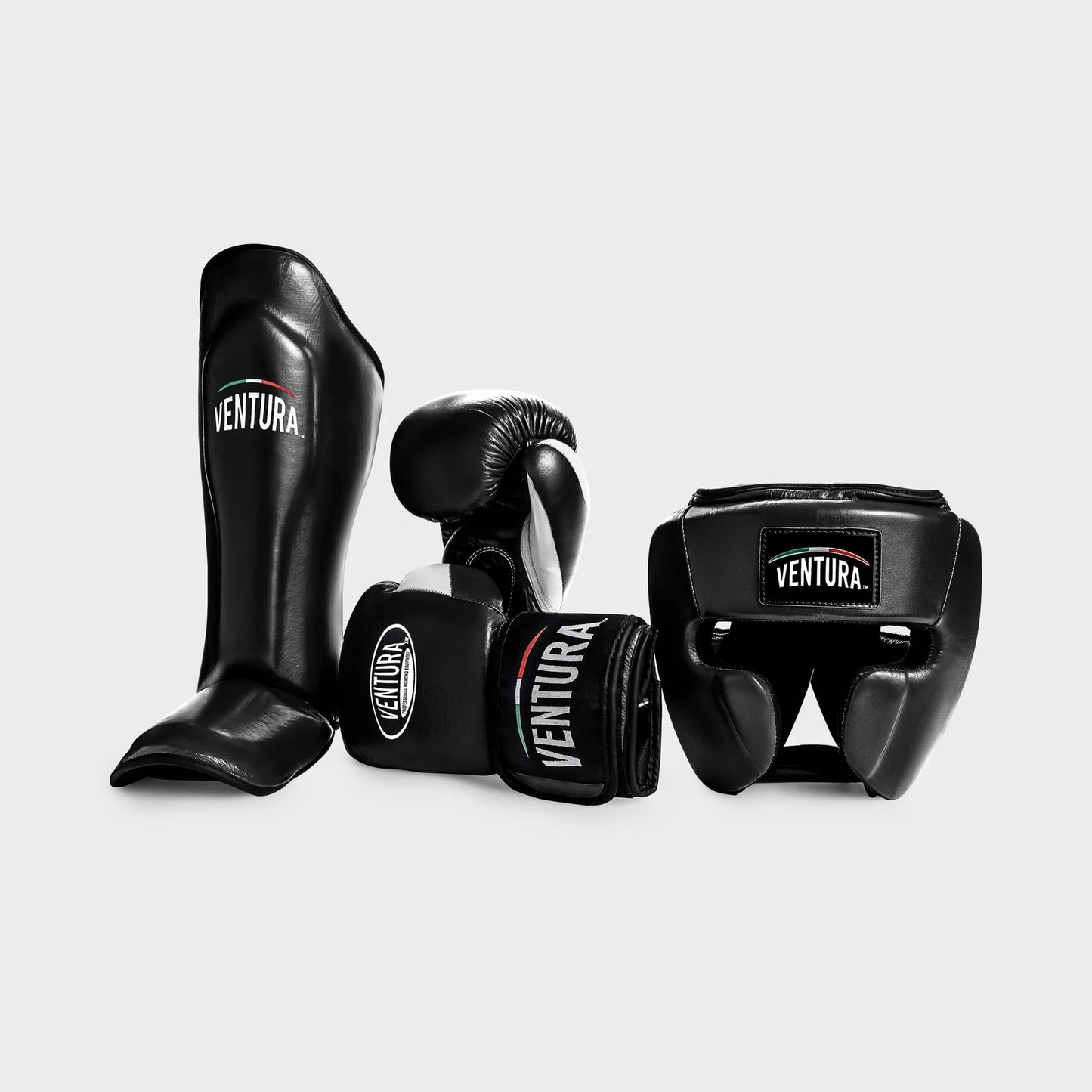 GENUINE LEATHER BOXING GLOVES AND HEADGEAR WITH SHIN GUARDS