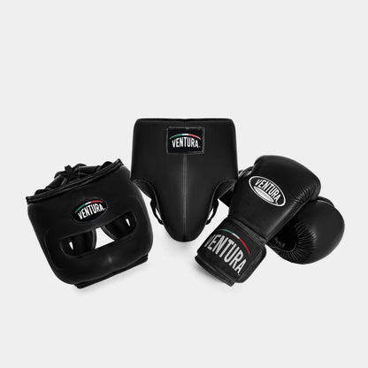 GENUINE LEATHER BOXING GLOVES AND HEADGEAR WITH GROIN GUARD