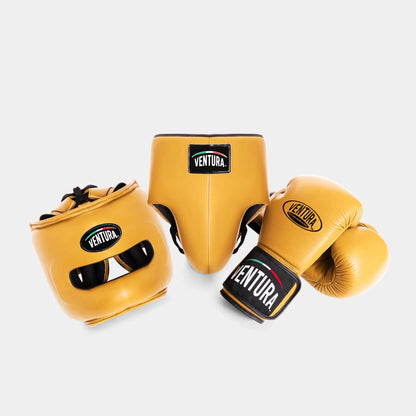 GENUINE LEATHER BOXING GLOVES AND HEADGEAR WITH GROIN GUARD