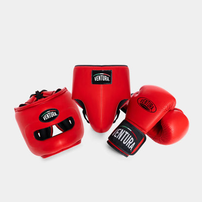 GENUINE LEATHER BOXING GLOVES AND HEADGEAR WITH GROIN GUARD